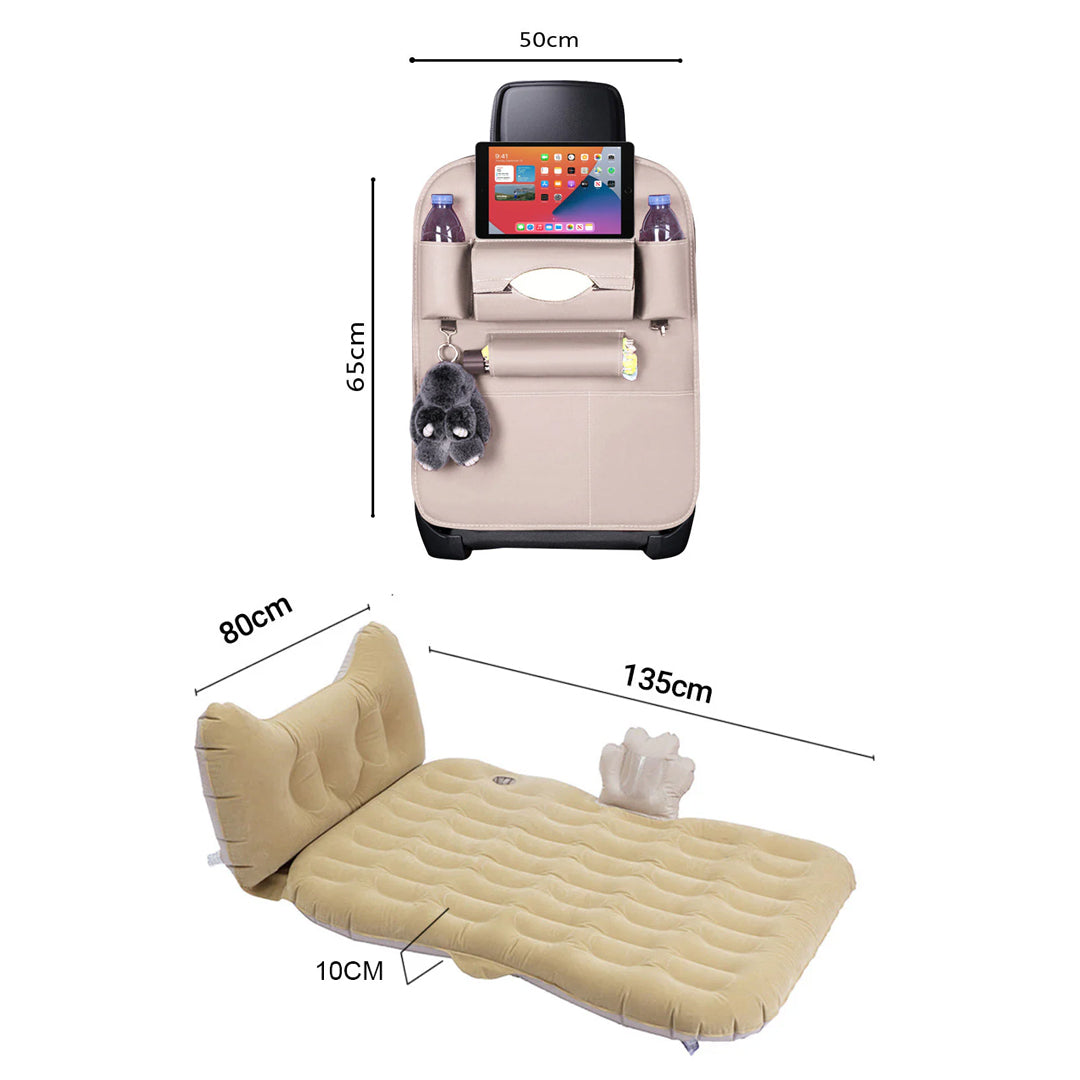 SOGA Car Bundle E – White Back Seat Storage Organizer & Beige Honeycomb Inflatable Mattress