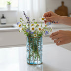 SOGA Blue Colored European Glass Cylinder Flower Vase with Gold Metal Pattern