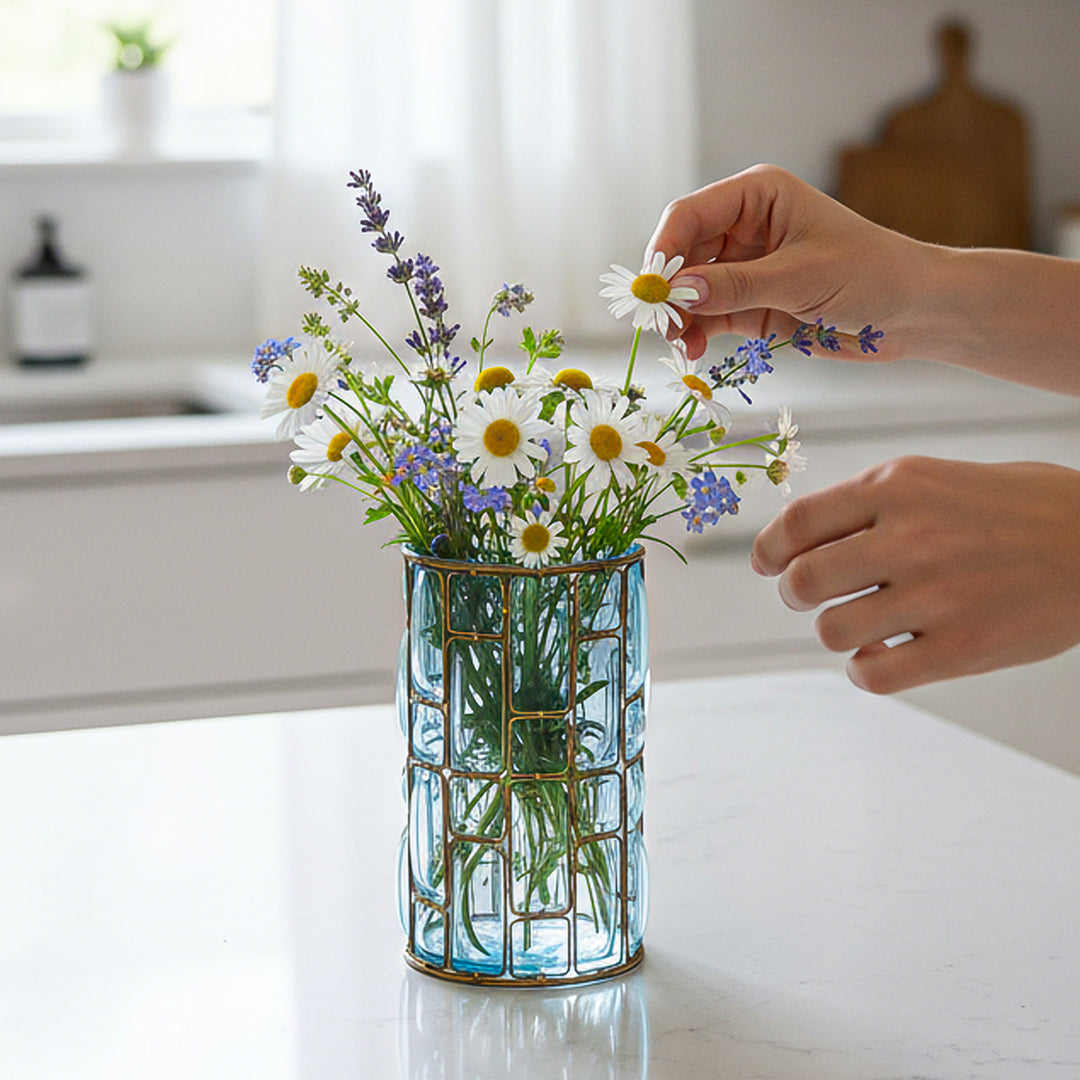 SOGA Blue Colored European Glass Cylinder Flower Vase with Gold Metal Pattern