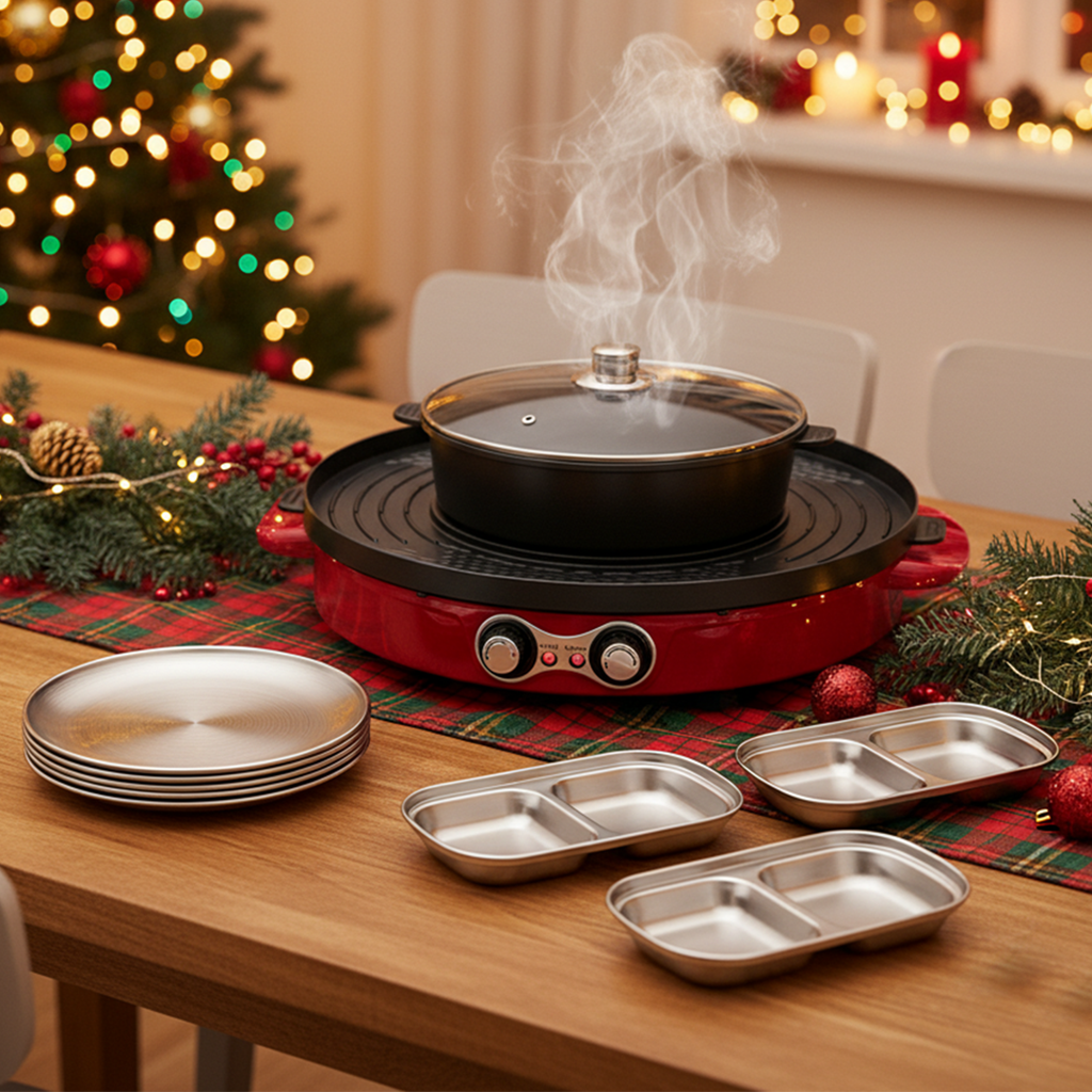 SOGA Kitchenware Bundle – 2-in-1 Electric Hot Pot BBQ Grill with Silver Grilling Plate & Sauce Pan $ 287