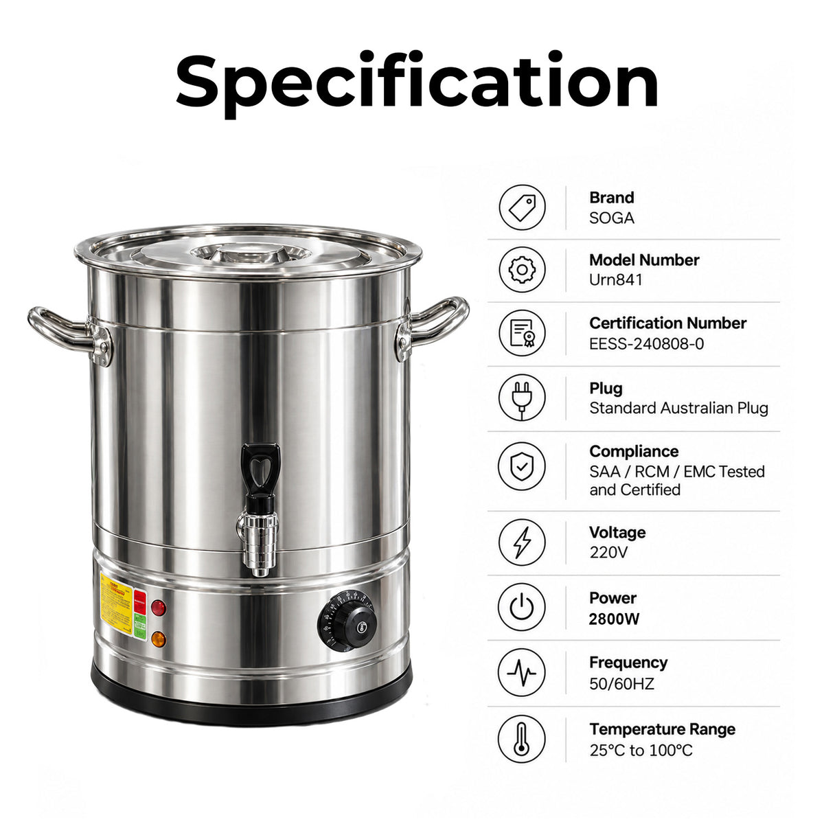 SOGA 21L Stainless Steel URN Commercial Water Boiler 2200W