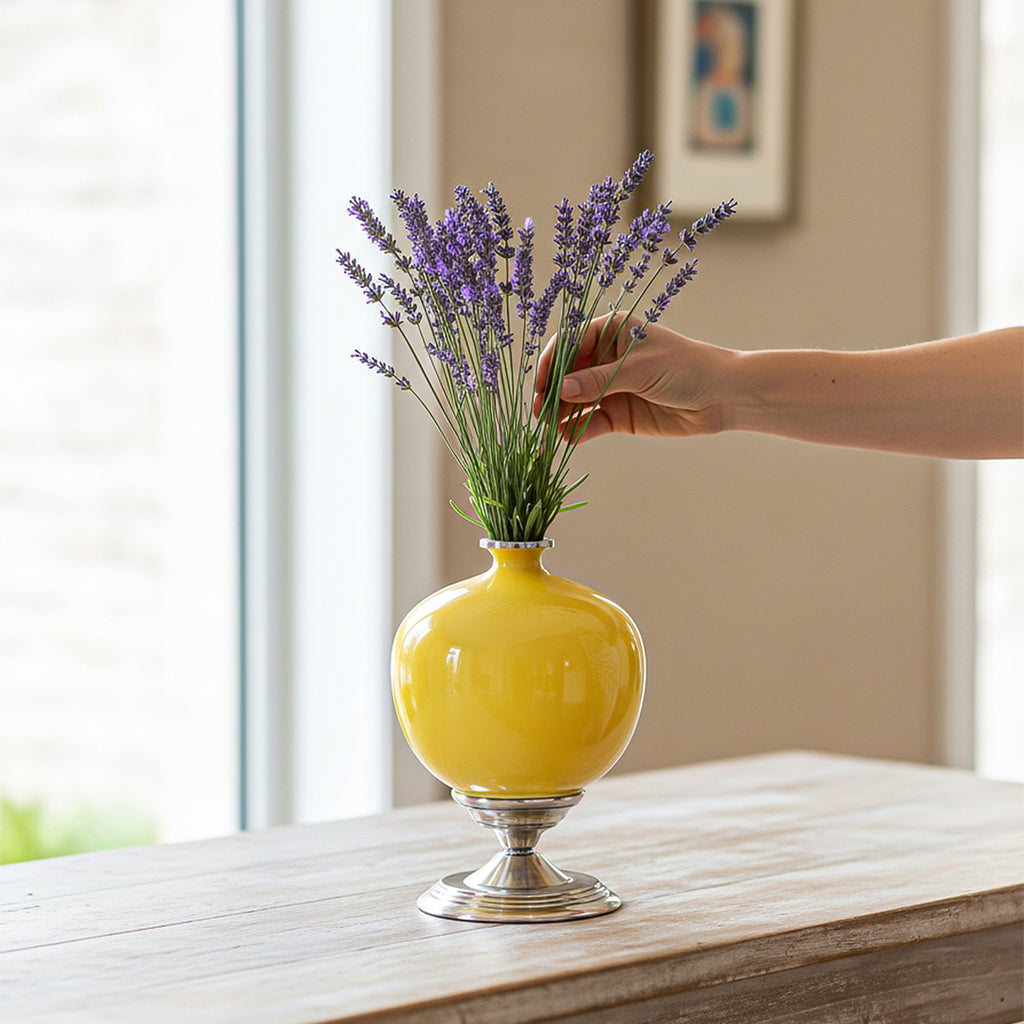 SOGA 2x 38cm Ceramic Oval Flower Vase with Gold Metal Base Yellow