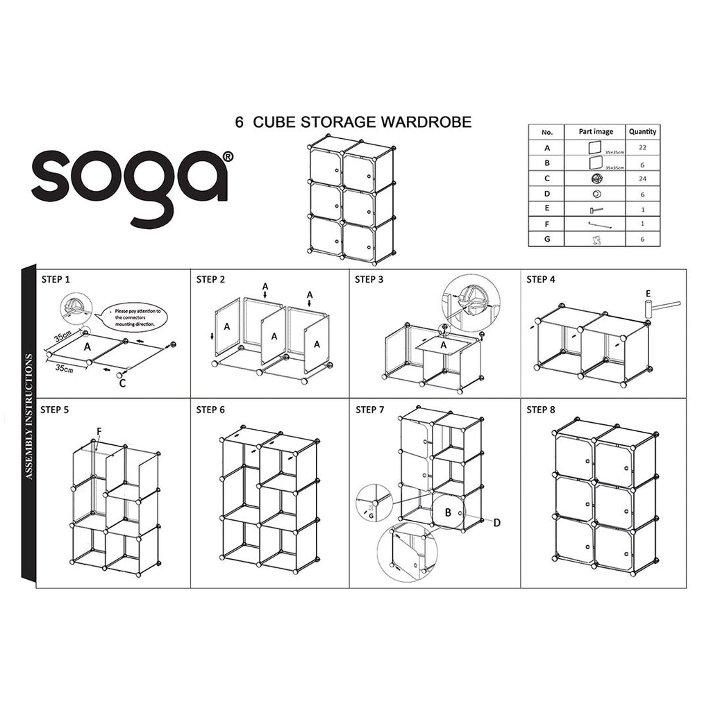 SOGA 3 Tier 6-Cube Portable Wardrobe Divide-Grid Modular Storage Organiser Foldable Closet