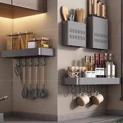 SOGA 2X 30cm Black Wall-Mounted Rectangular Kitchen Spice Storage Organiser Space Saving Condiments Shelf Rack with Hooks