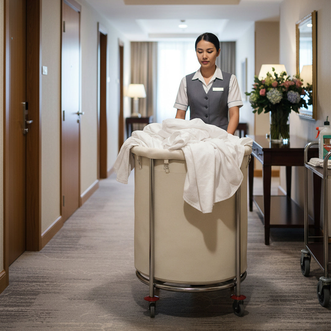 SOGA 2X Stainless Steel Commercial Round Soiled Linen Laundry Trolley Cart with Wheels White