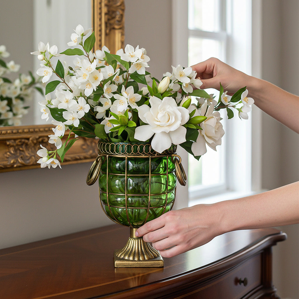 SOGA Green Colored European Glass Jar Flower Vase Solid Base with Metal Handle