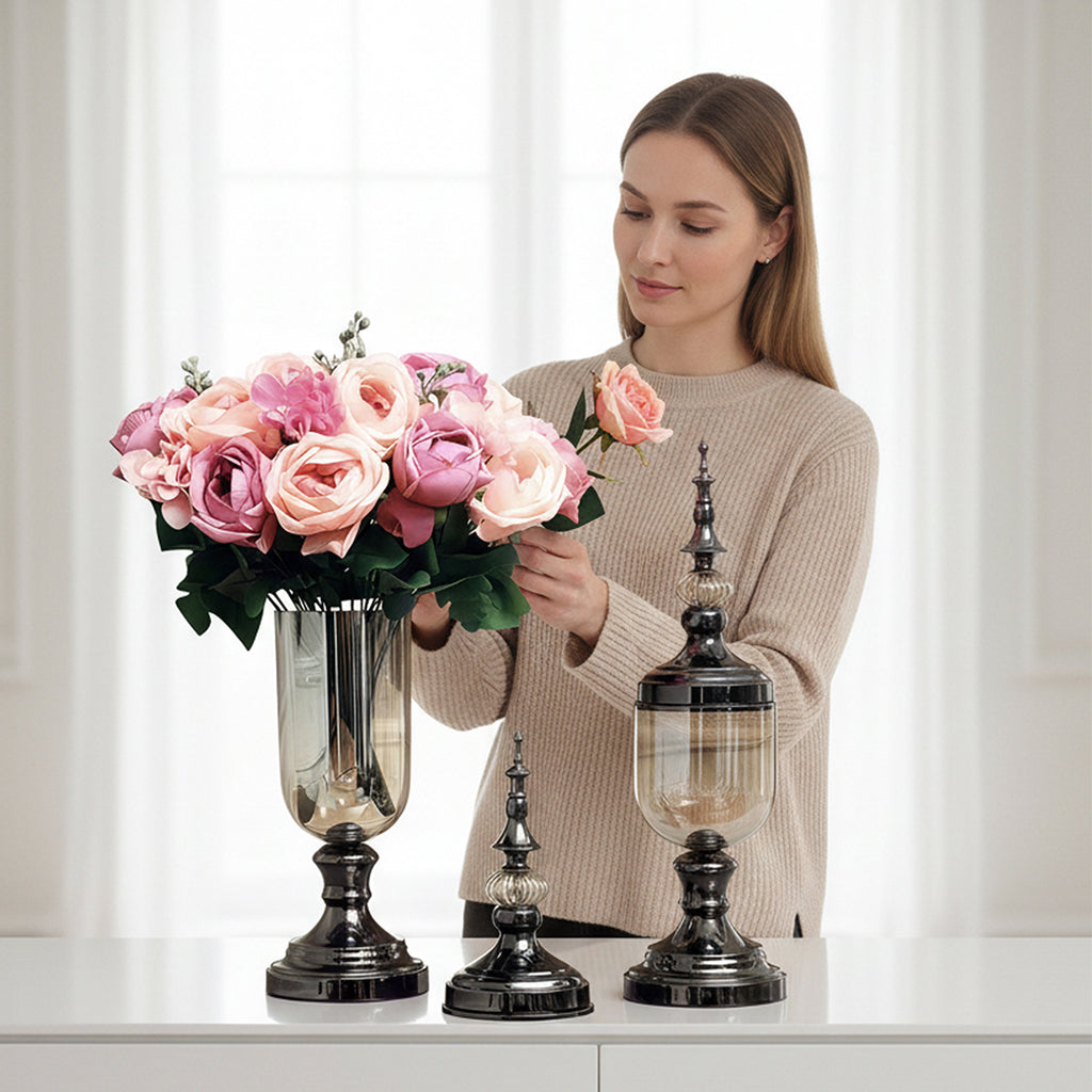 SOGA 2 x Clear Glass Flower Vase with Lid and Pink Flower Filler Vase Black Set