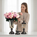 SOGA 2 x Clear Glass Flower Vase with Lid and Pink Flower Filler Vase Black Set