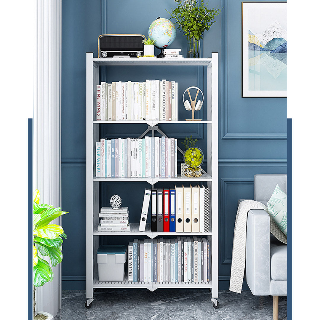 SOGA 2X 5 Tier Steel White Foldable Display Stand Multi-Functional Shelves Storage Organizer with Wheels