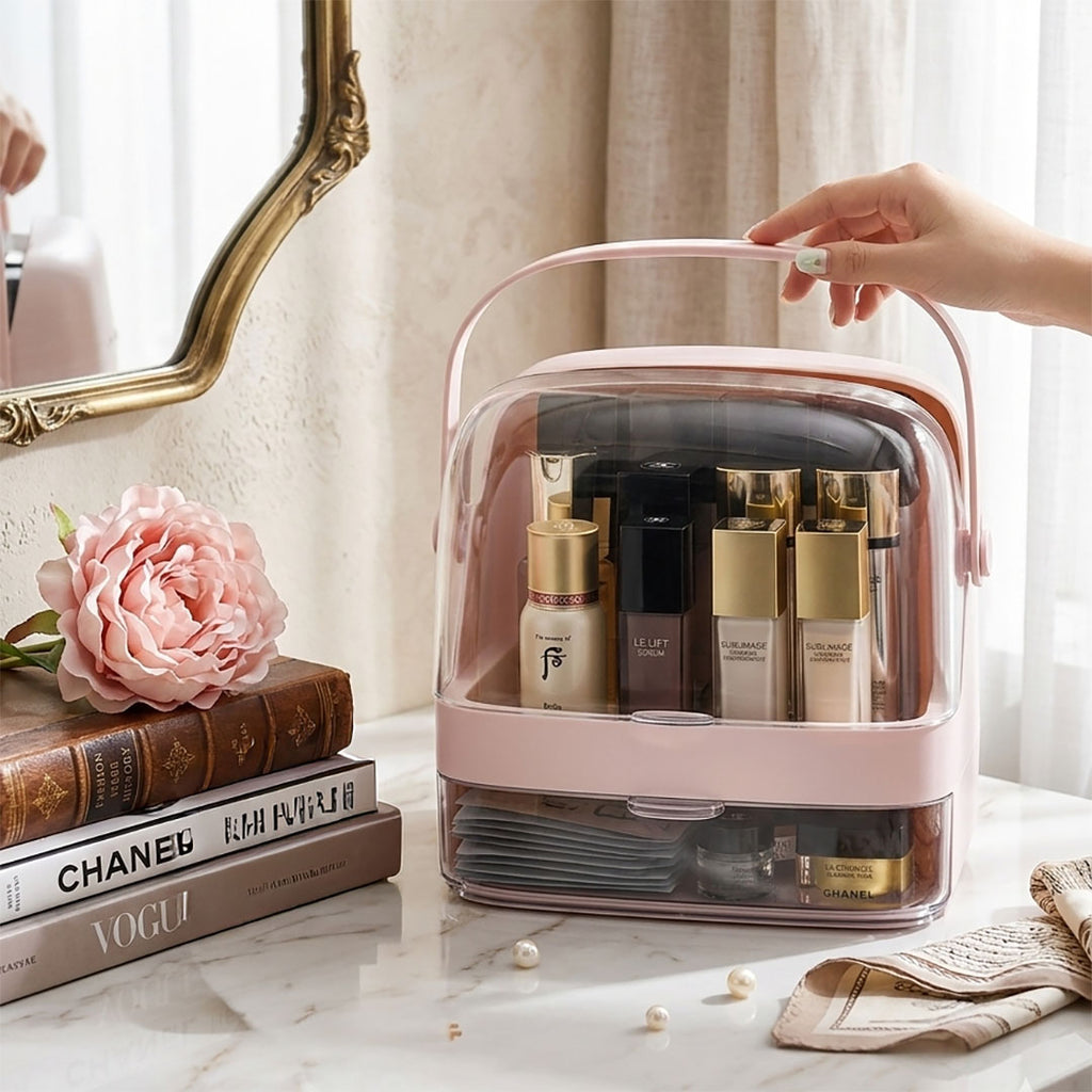 SOGA 2 Tier Pink Countertop Makeup Cosmetic Storage Organiser Skincare Holder Jewelry Storage Box with Handle