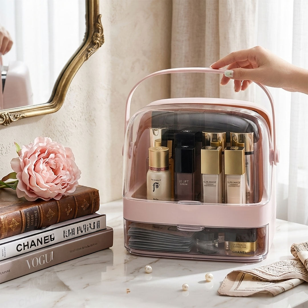 SOGA 2 Tier Pink Countertop Makeup Cosmetic Storage Organiser Skincare Holder Jewelry Storage Box with Handle