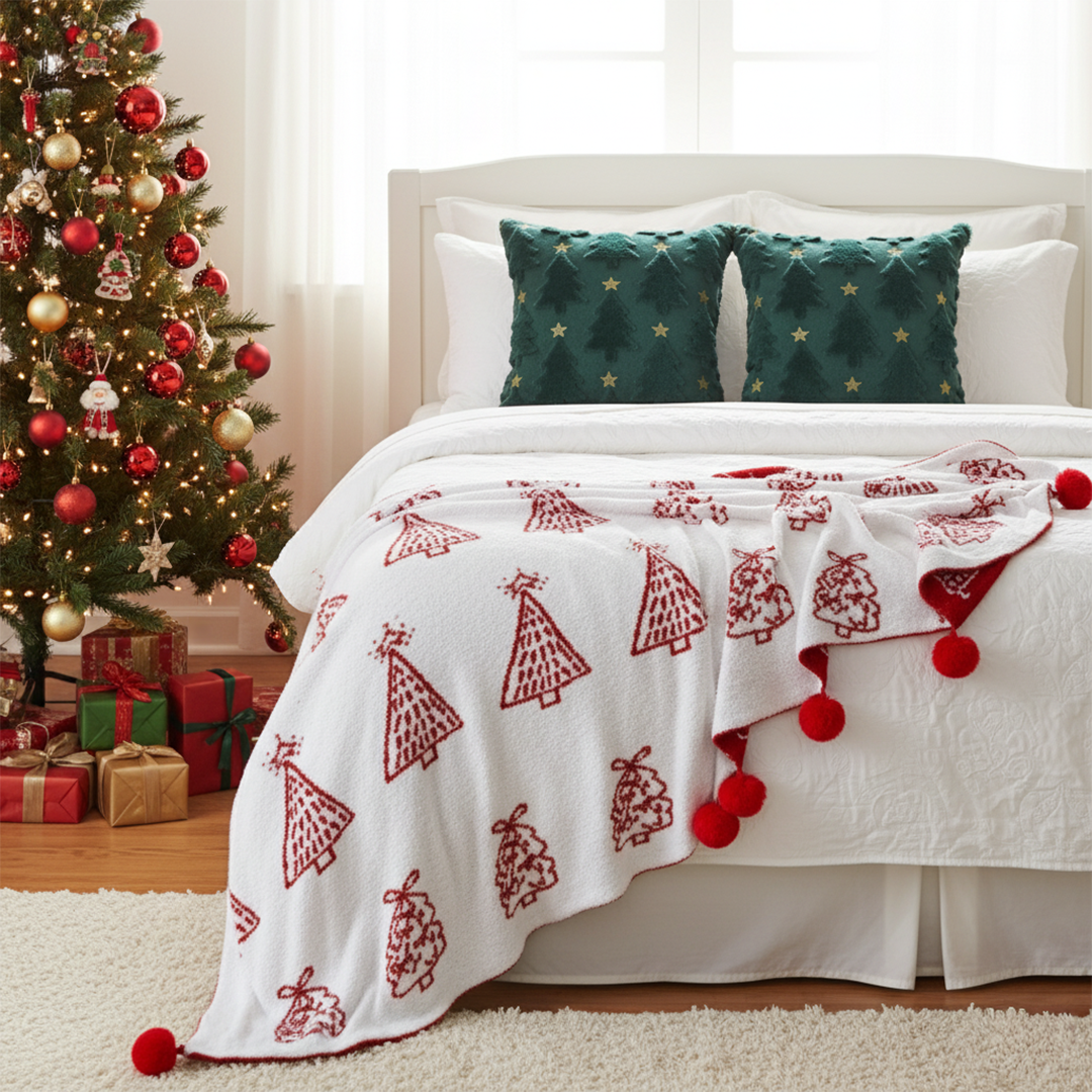 SOGA Christmas Bundle – 2 Festive Teal Christmas Tree Pillow & Red Holiday Throw Blanket $ 243