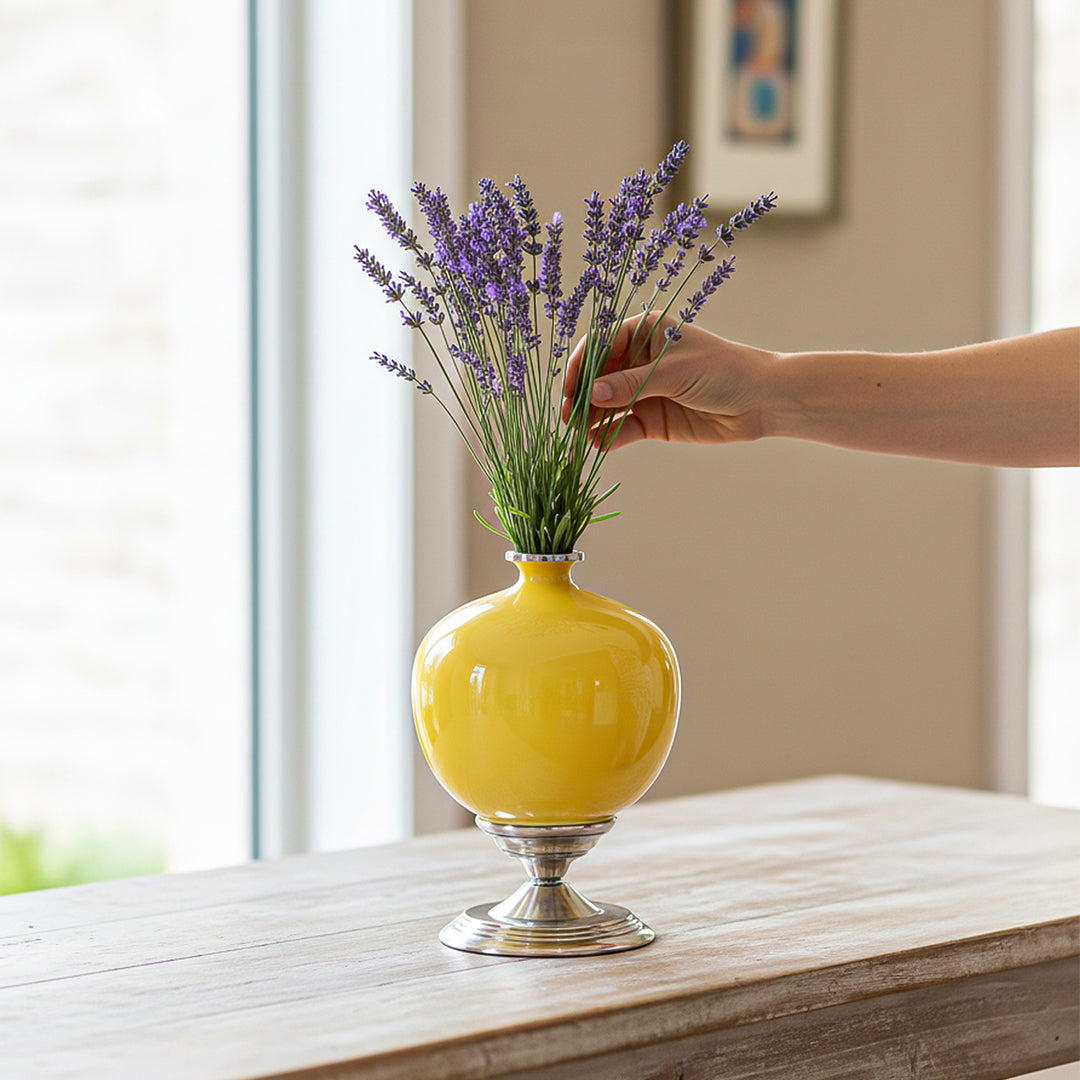 SOGA 38cm Ceramic Oval Flower Vase with Gold Metal Base Yellow