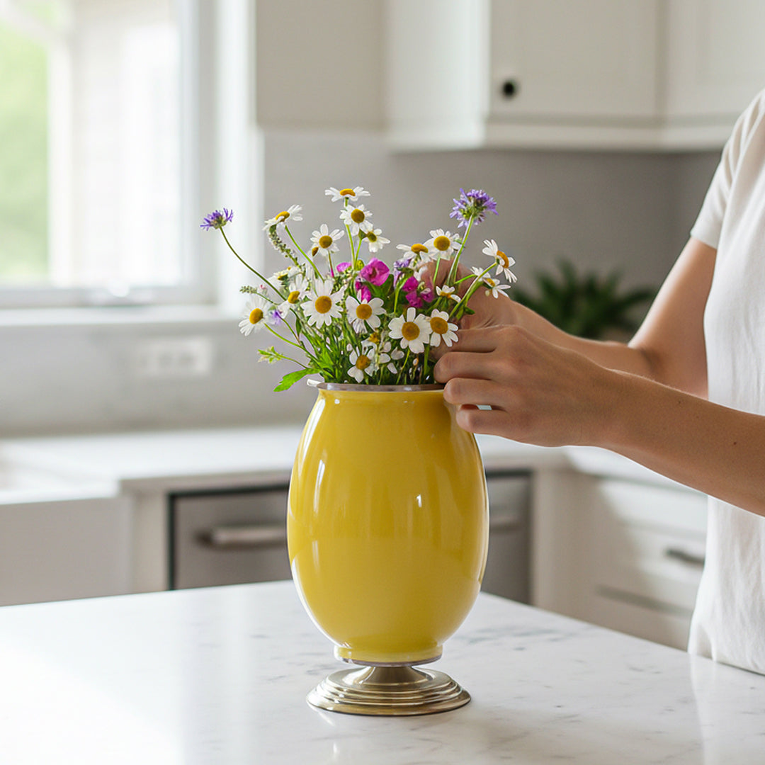 SOGA 40cm Ceramic Oval Flower Vase with Gold Metal Base Yellow