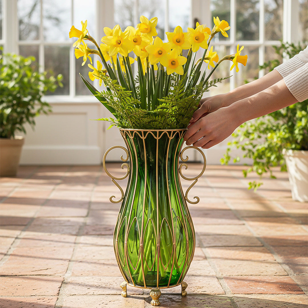 SOGA 51cm Green Glass Oval Floor Vase with Metal Flower Stand