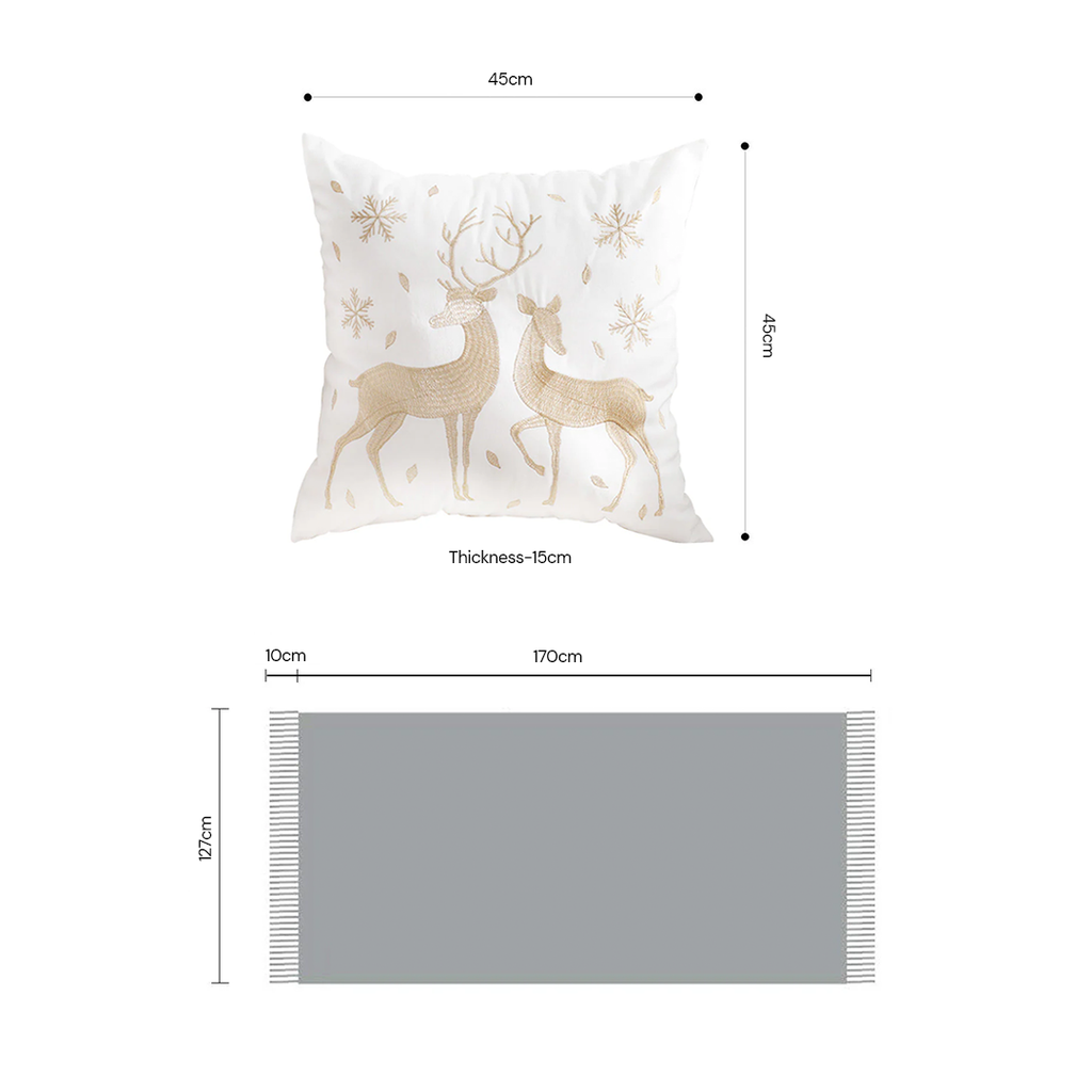 SOGA Christmas Bundle – 2 White Gold Reindeer Throw Pillows & Beige Diamond Throw Blanket $ 157