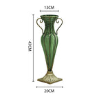 SOGA Green Colored European Glass Flower Vase Solid Base with Two Gold Metal Handle