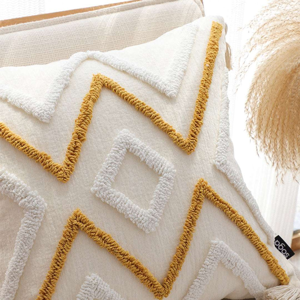 SOGA 2X Boho Tufted Cushion 45cm Tassel Beige Yellow Geometric Chevron Throw Pillow $ 140