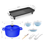 SOGA Kitchenware Bundle – Electric BBQ Teppanyaki Grill, Blue Ceramic Dinnerware & Cast Iron Stewpot