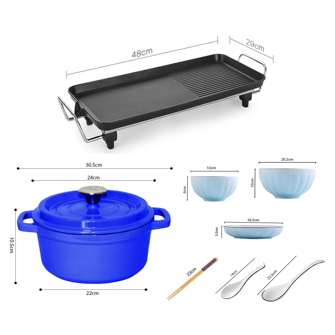 SOGA Kitchenware Bundle – Electric BBQ Teppanyaki Grill, Blue Ceramic Dinnerware & Cast Iron Stewpot