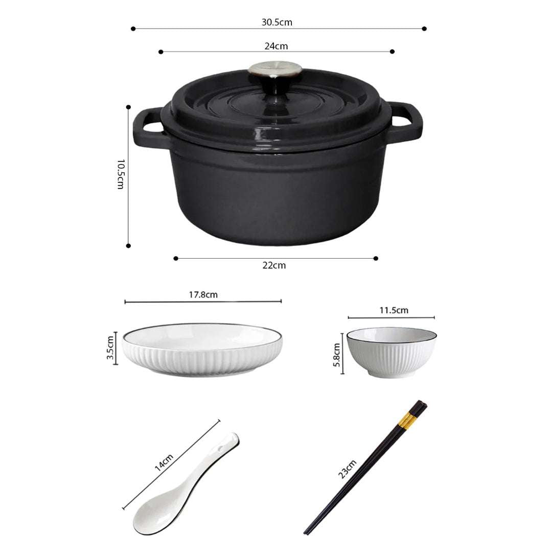 SOGA Kitchenware Bundle – White Japanese Ceramic Dinnerware Set & Black Cast Iron Stewpot $ 140