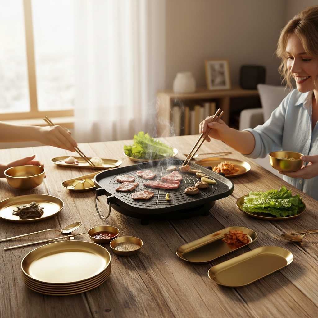 SOGA Kitchenware Bundle – Square Portable Korean BBQ Stove, Gold Grilling Plate & Nordic Plate Set $ 151