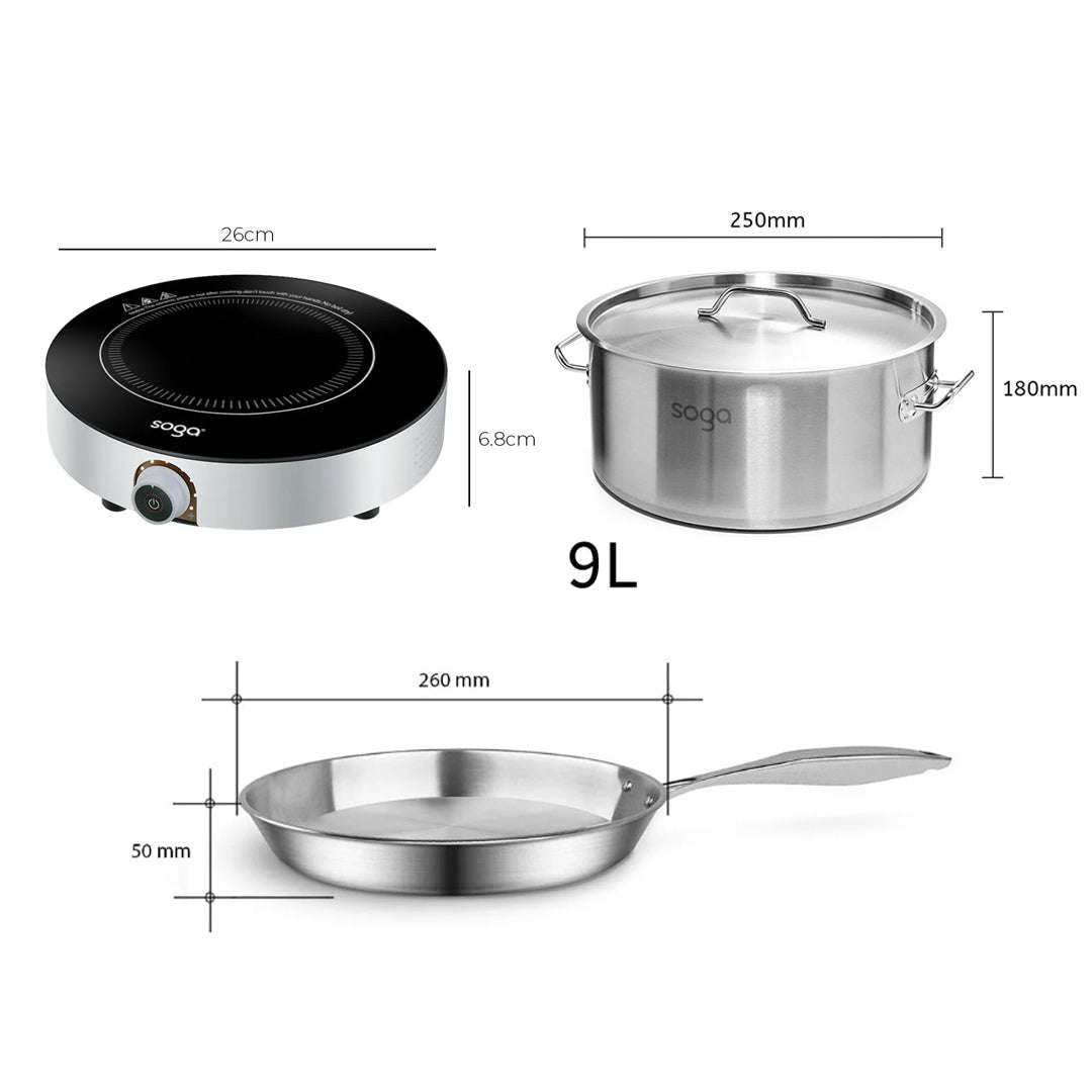 SOGA Kitchenware Bundle – 26cm Smart Induction Cooktop, Stainless Fry Pan & 9L Stock Pot $ 309