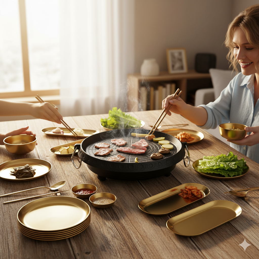 SOGA Kitchenware Bundle – Round Portable Korean BBQ Stove, Gold Grilling Plate & Nordic Plate Set $ 140