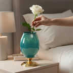 SOGA 2x 40cm Ceramic Oval Flower Vase with Gold Metal Base Green