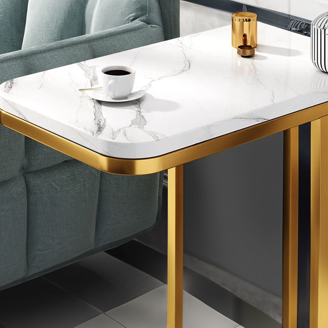 SOGA 30x50cm White Stone-Patterned  Side Square Mini Table w/ Gold Metal Legs