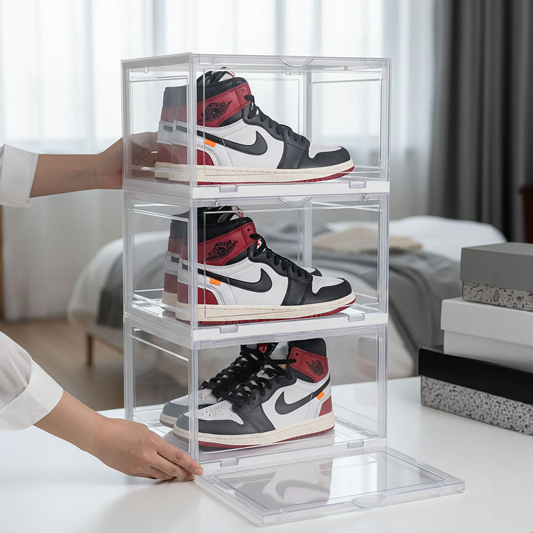 SOGA 3 Tier Transparent Portable Shoe Organiser Sneaker Footwear Folding Plastic Bin Stackable Storage Box with Magnetic Door