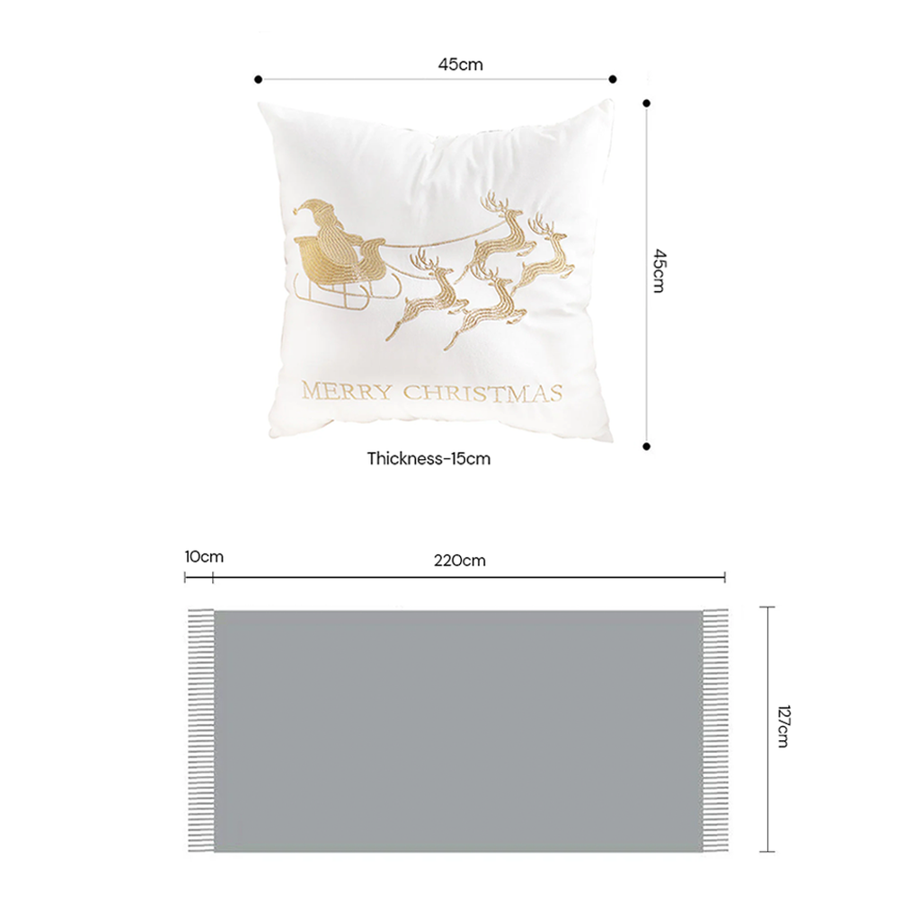 SOGA Christmas Bundle – 2 White & Gold Christmas Sleigh Pillow & White Knitted Throw Blanket $ 164