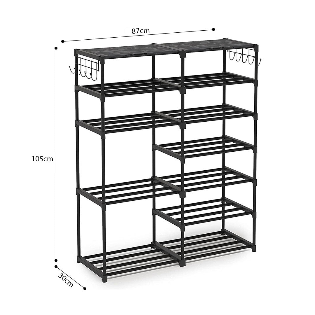 SOGA 12-Shelf Tier Shoe Storage Shelf Space-Saving Caddy Rack Organiser with Side Hooks Black