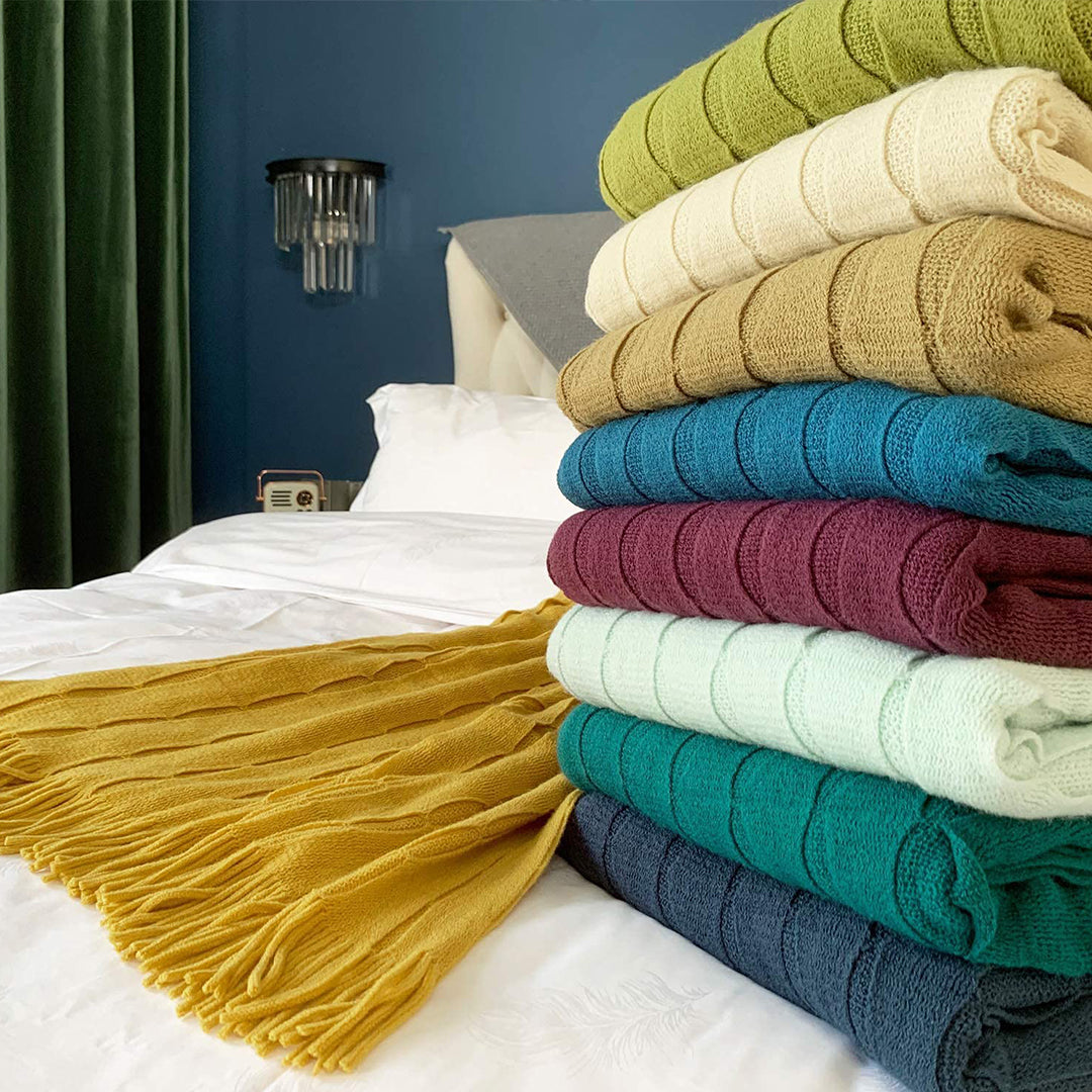 SOGA Mustard Textured Knitted Throw Blanket Warm Cozy Woven Cover Couch Bed Sofa Home Decor with Tassels