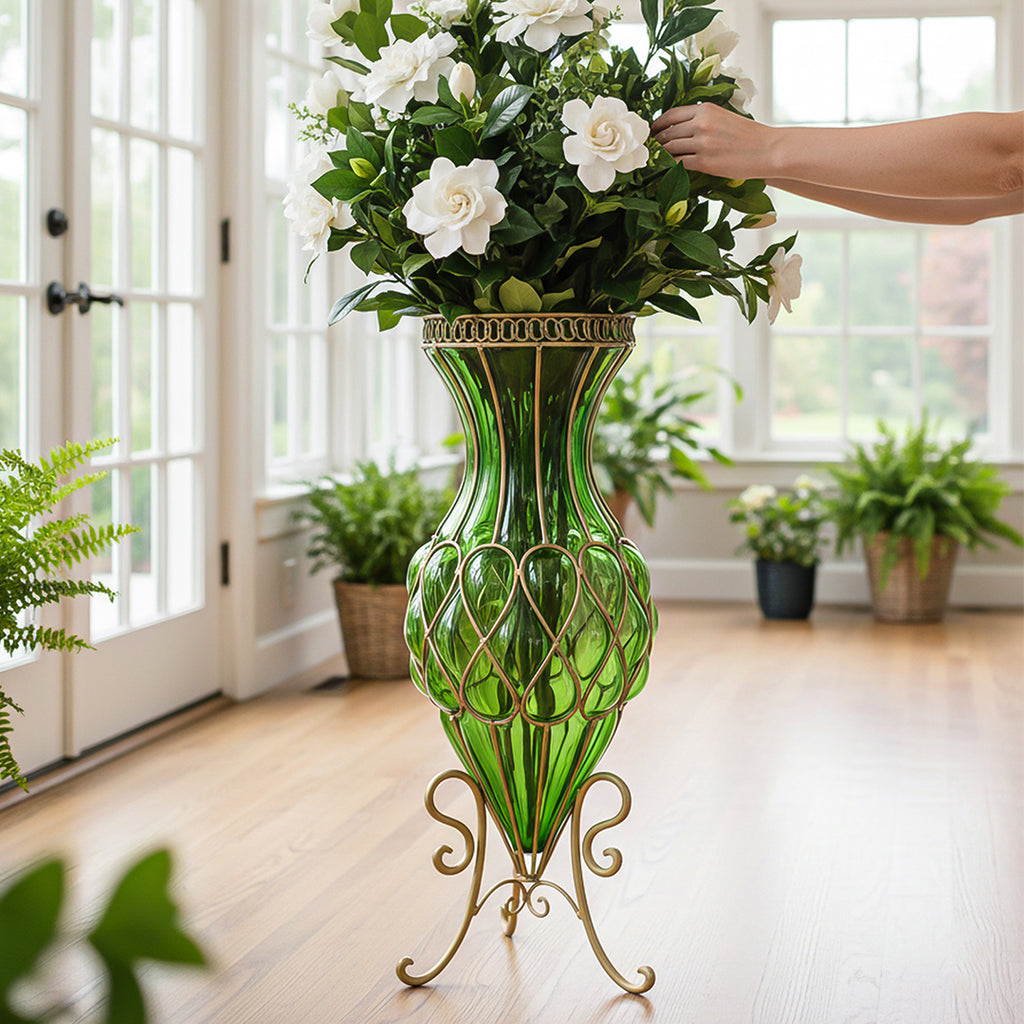 SOGA 67cm Green Glass Tall Floor Vase with Metal Flower Stand