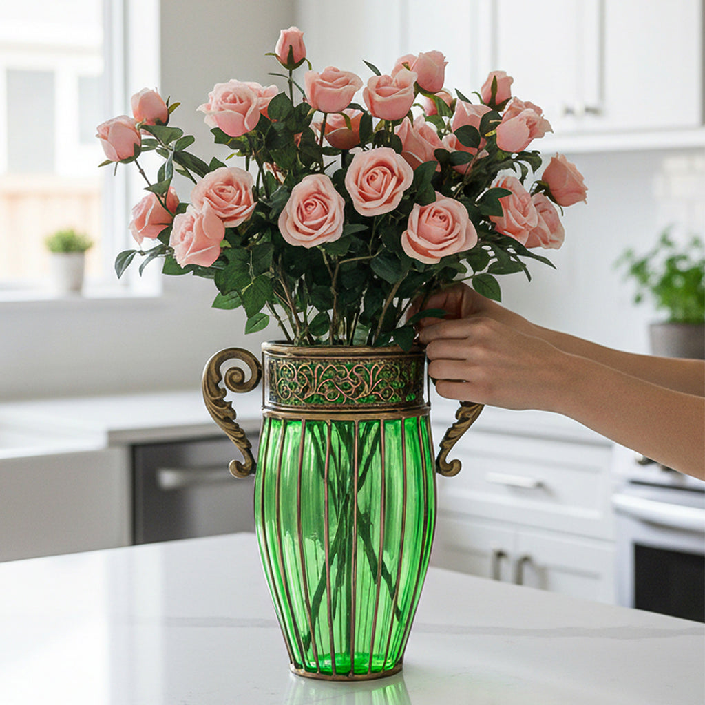 SOGA Green Glass Flower Vase with 8 Bunch 5 Heads Artificial Fake Silk Rose Home Decor Set