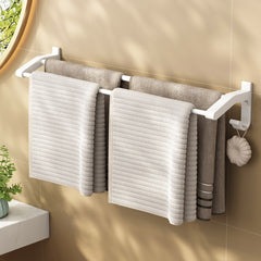 SOGA 62cm White Wall-Mounted Double Pole Towel Holder Bathroom Organiser Rail Hanger with Hooks