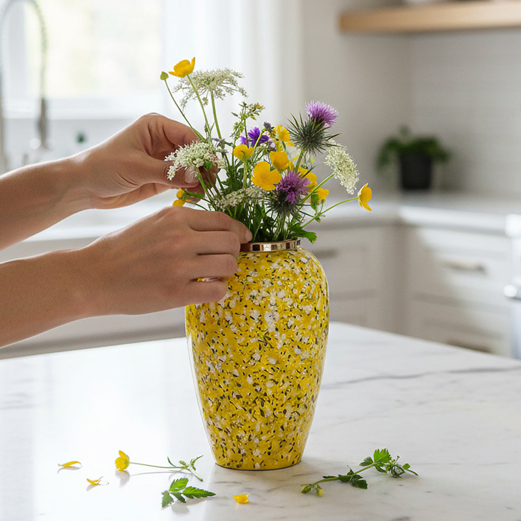 SOGA 30x19cm Yellow with White Mini Floral Medium Ceramic Flower Vase Elegant Living Room Home Decor