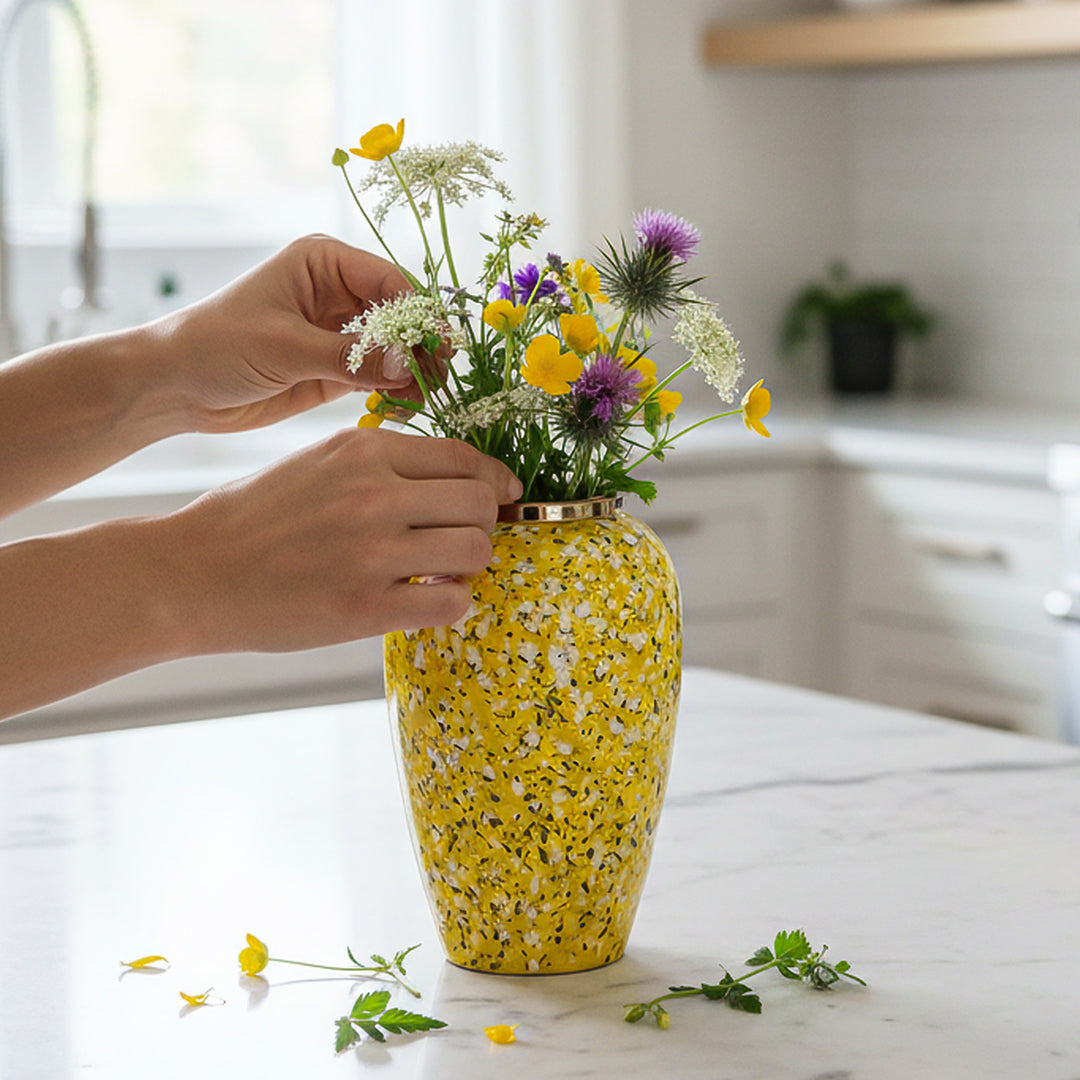 SOGA 30x19cm Yellow with White Mini Floral Medium Ceramic Flower Vase Elegant Living Room Home Decor