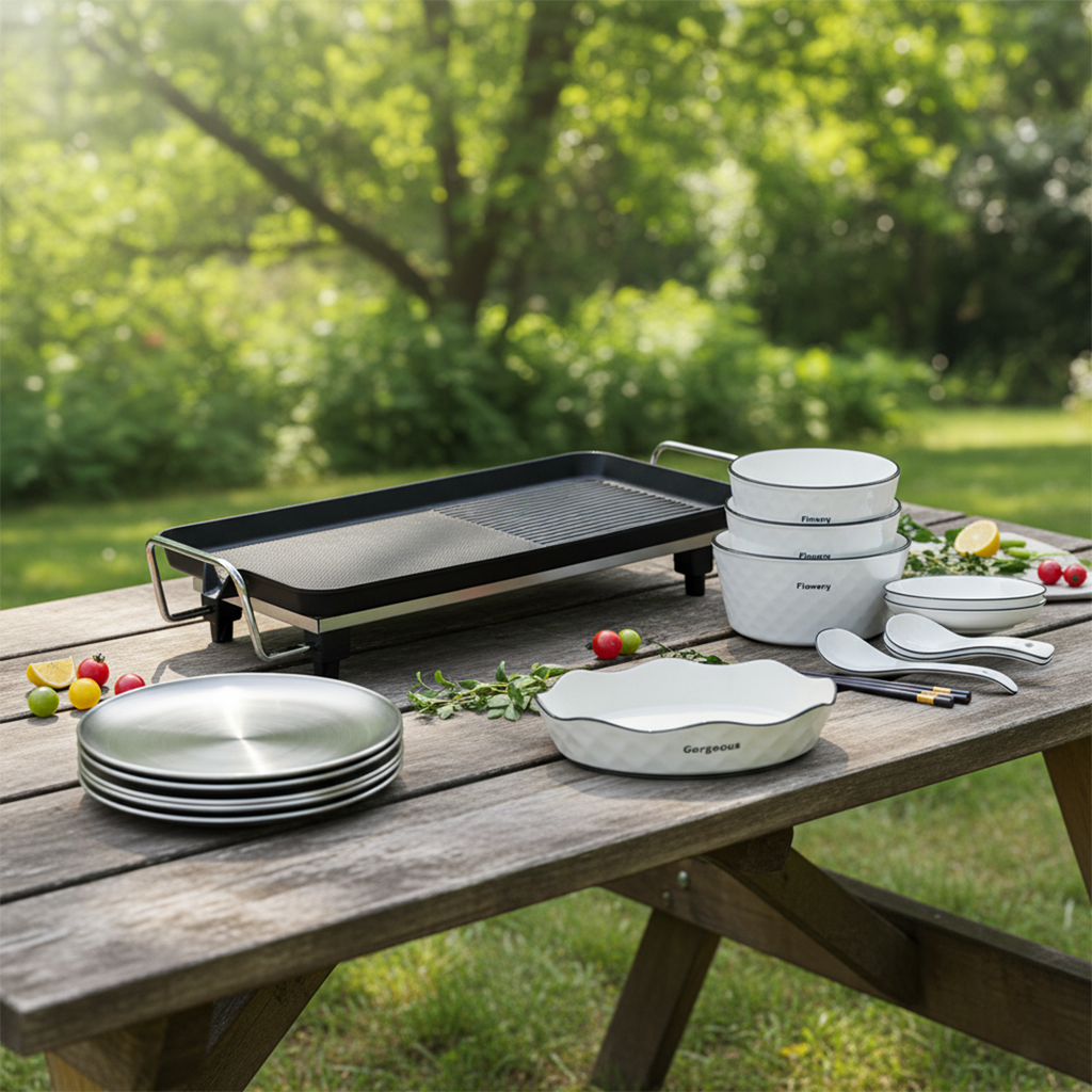 SOGA Kitchenware Bundle – Electric BBQ Teppanyaki Grill, Diamond Ceramic Dinnerware & Silver Grilling Plate