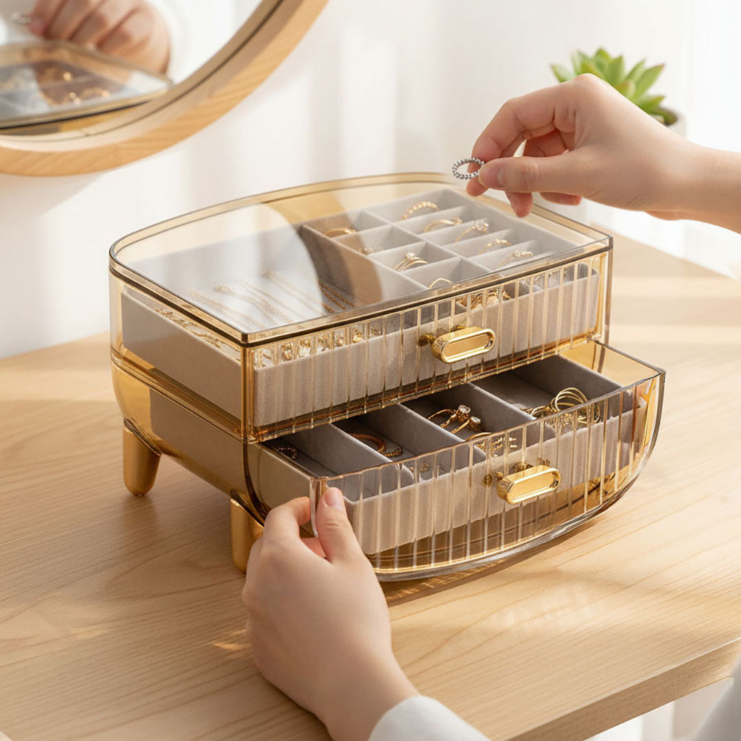 SOGA 2 Tier Golden Yellow Multifunctional Countertop Cosmetic Storage Makeup Skincare Holder Jewelry Cabinet Bathroom Desk Drawer Vanity Organiser