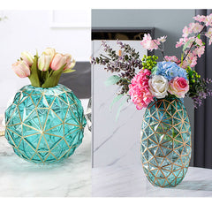 SOGA 2X Green Colored Diamond Cut Glass Flower Vase Round Jar Home Decor with Gold Accent Large and Medium Set