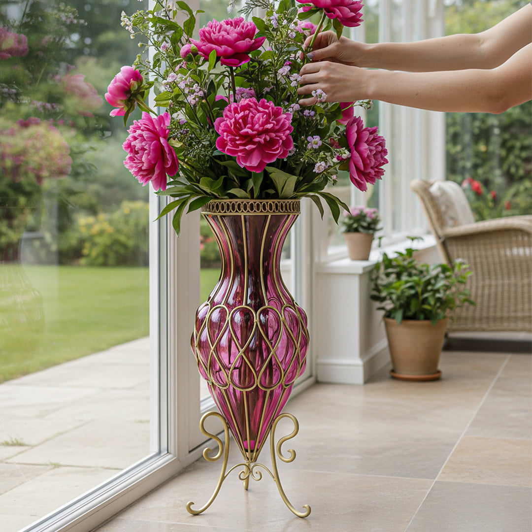 SOGA 67cm Purple Glass Tall Floor Vase with Metal Flower Stand