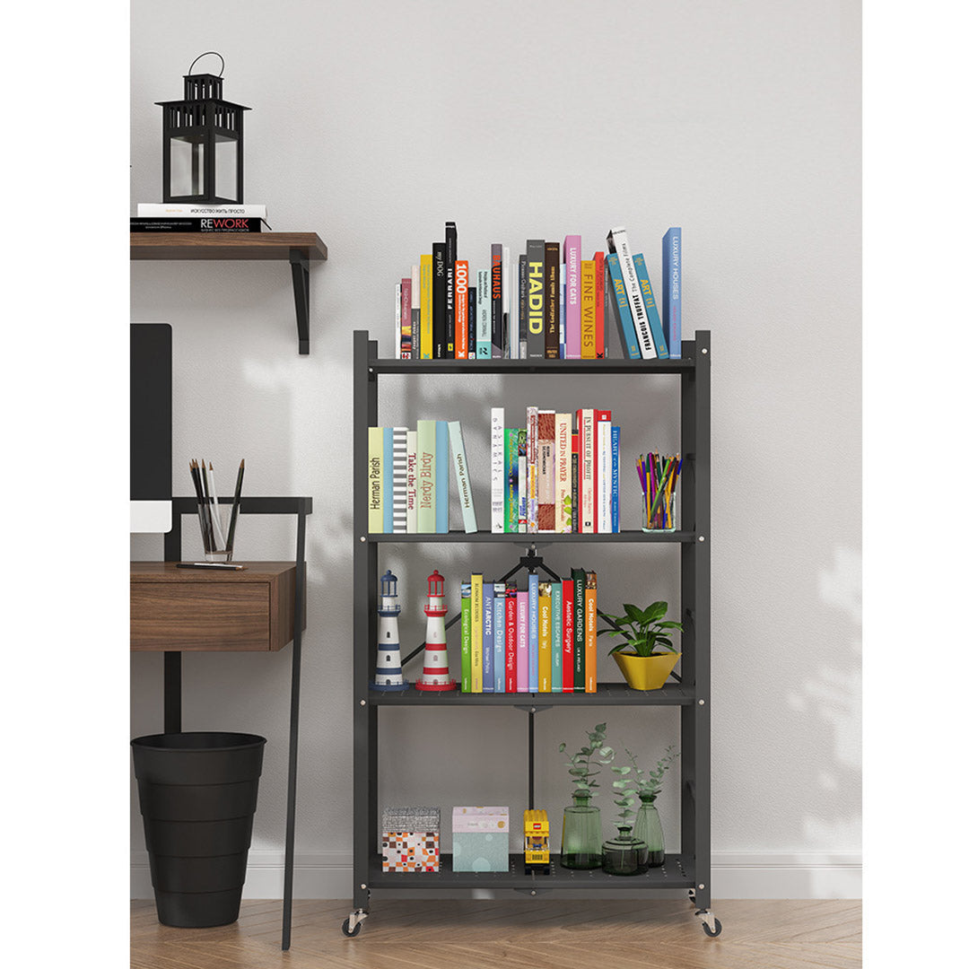 SOGA 4 Tier Steel Black Foldable Display Stand Multi-Functional Shelves Storage Organizer with Wheels