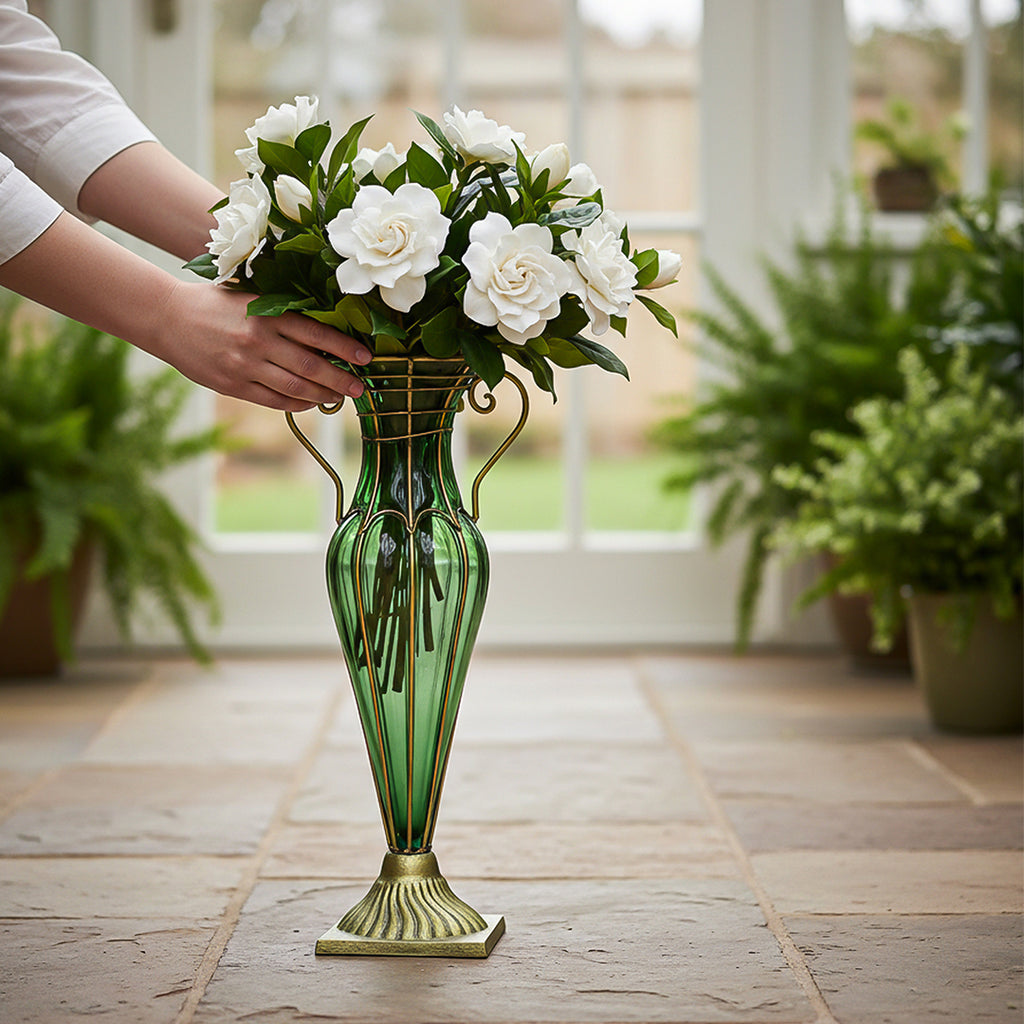 SOGA Green Colored European Glass Flower Vase Solid Base with Two Gold Metal Handle