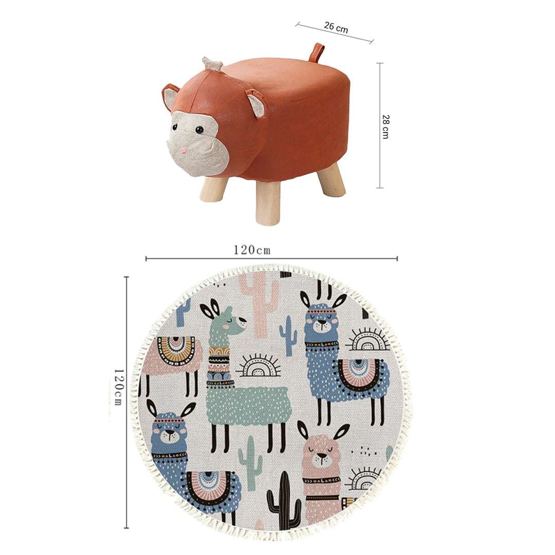 SOGA Home & Living Bundle – 2 Orange Monkey Children’s Ottoman & Alpaca Cactus Pattern Rug $ 134