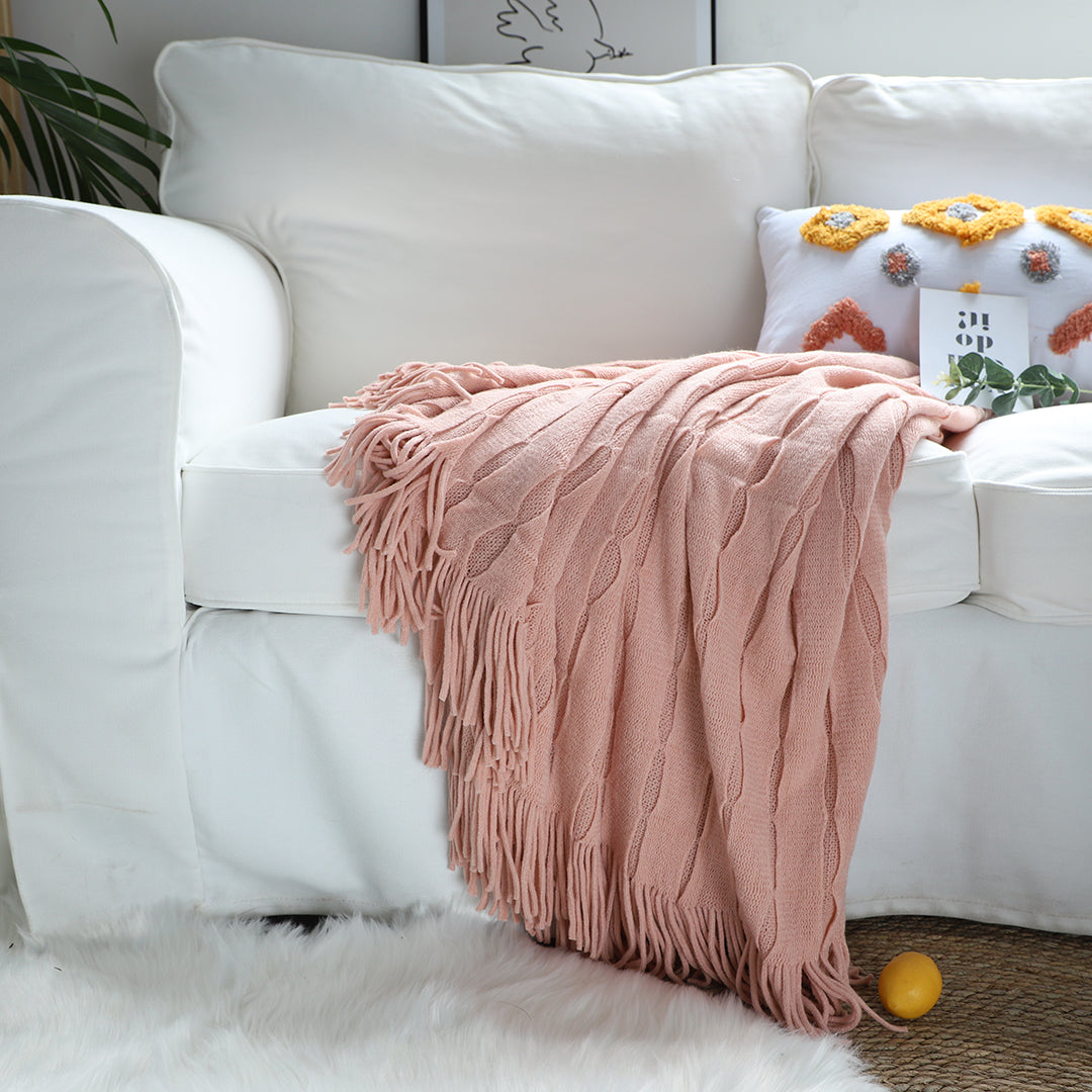 SOGA Pink Textured Knitted Throw Blanket Warm Cozy Woven Cover Couch Bed Sofa Home Decor with Tassels