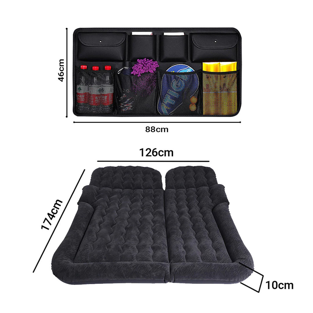 SOGA Car Bundle C – Black Leather Back Seat Storage Organizer & Inflatable Boot Mattress