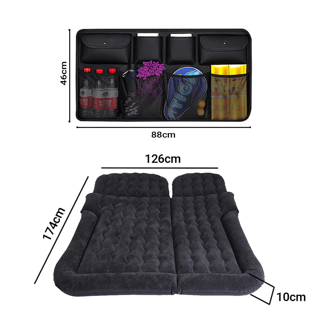 SOGA Car Bundle C – Black Leather Back Seat Storage Organizer & Inflatable Boot Mattress