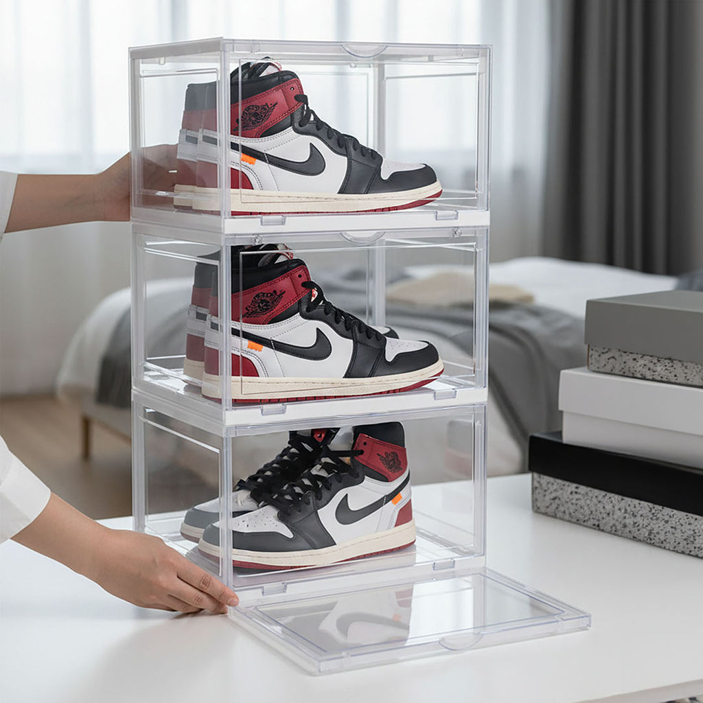 SOGA  2X 3 Tier Transparent Portable Shoe Organiser Sneaker Footwear Folding Plastic Bin Stackable Storage Box with Magnetic Door